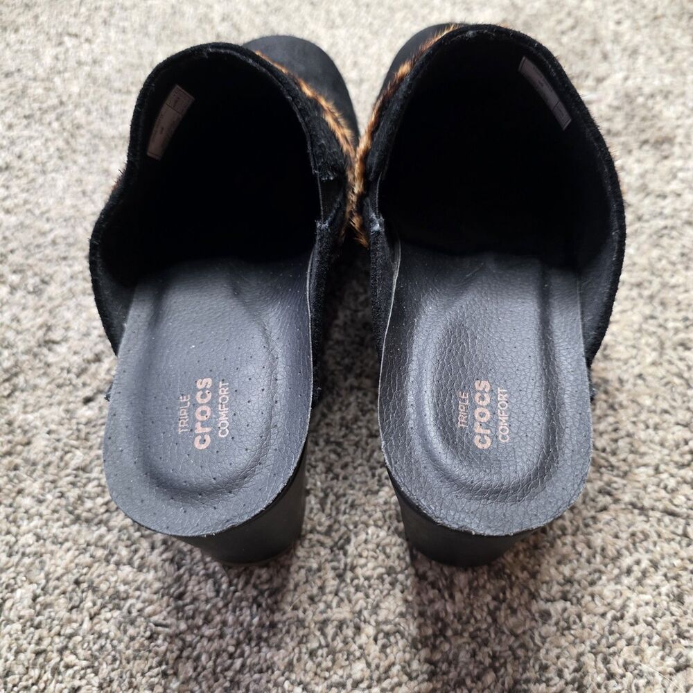 Crocs Mules Size 8 Black Leopard Animal Clog Suede Chunky Heel Mobwife - Picture 5 of 11